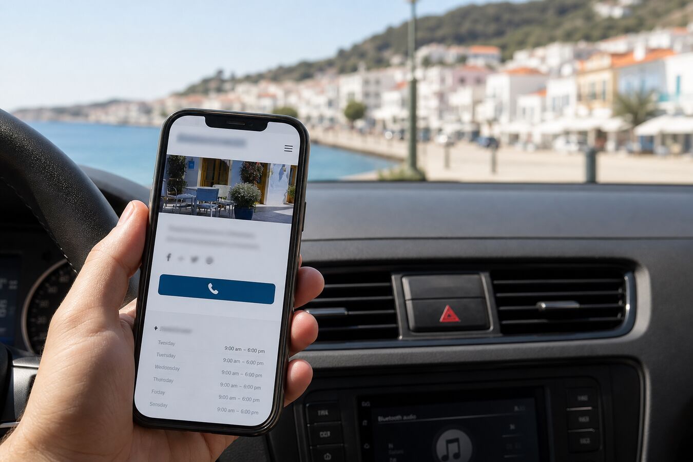 Κινητό σε παρκαρισμένο αυτοκίνητο με website τοπικής επιχείρησης και κουμπί κλήσης, ακτή Πιερίας στο παρμπρίζ.