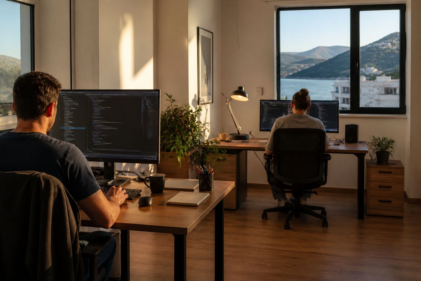 Μικρό software studio σε παραθαλάσσια πόλη της Ελλάδας, γραφεία και οθόνες, θάλασσα και βουνά στο παράθυρο.