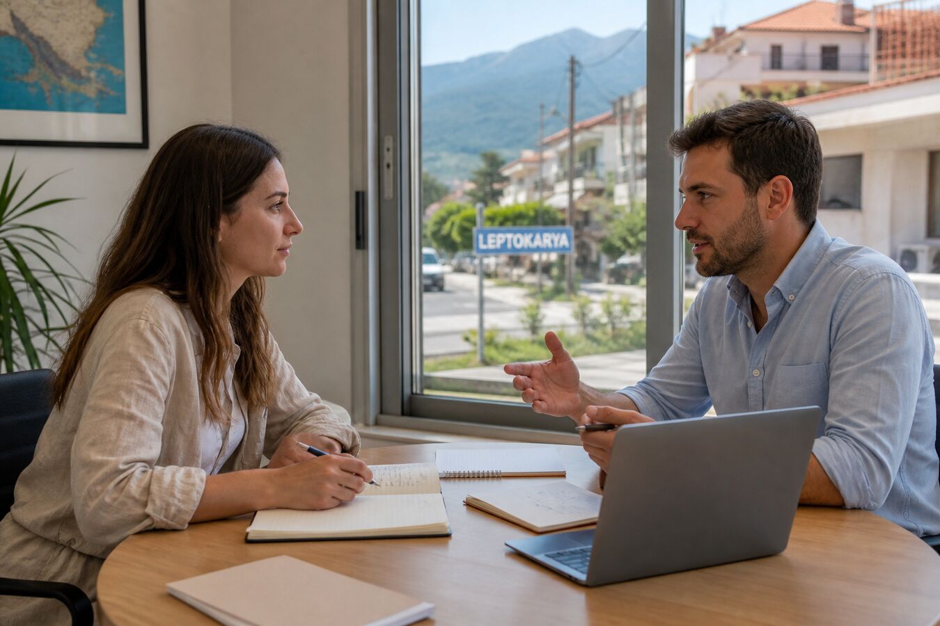 Δύο άνθρωποι σε τραπέζι συζήτησης σε γραφείο Λεπτοκαρυάς, λάπτοπ ανοιχτό, δρόμος της πόλης στο παράθυρο.
