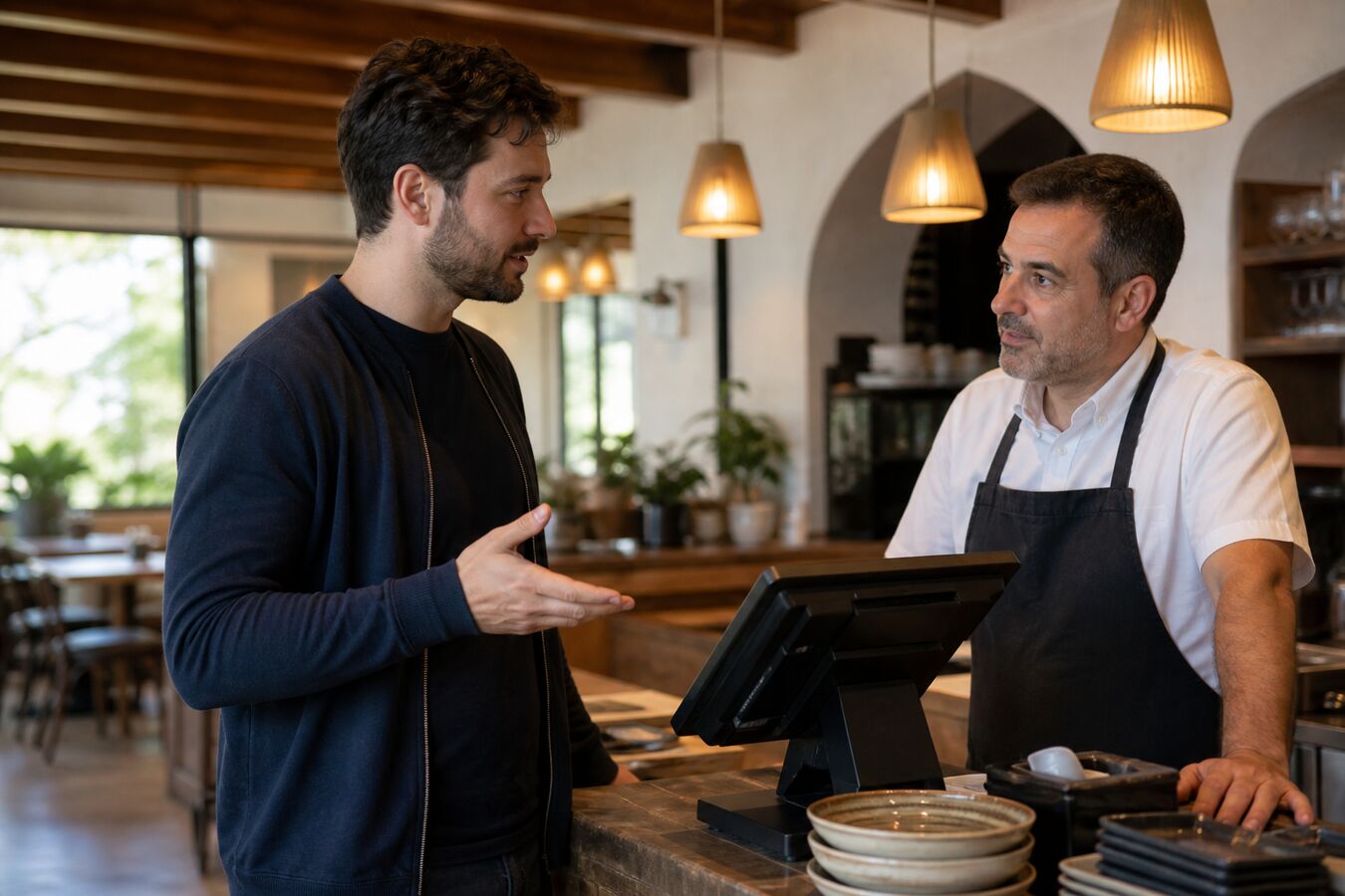 Developer δίπλα σε ιδιοκτήτη εστιατορίου σε πάγκο με POS στην Πιερία.