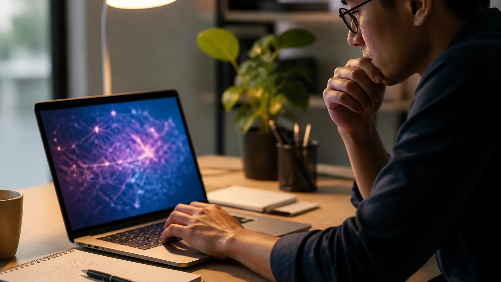 Person using a laptop with an abstract AI workspace