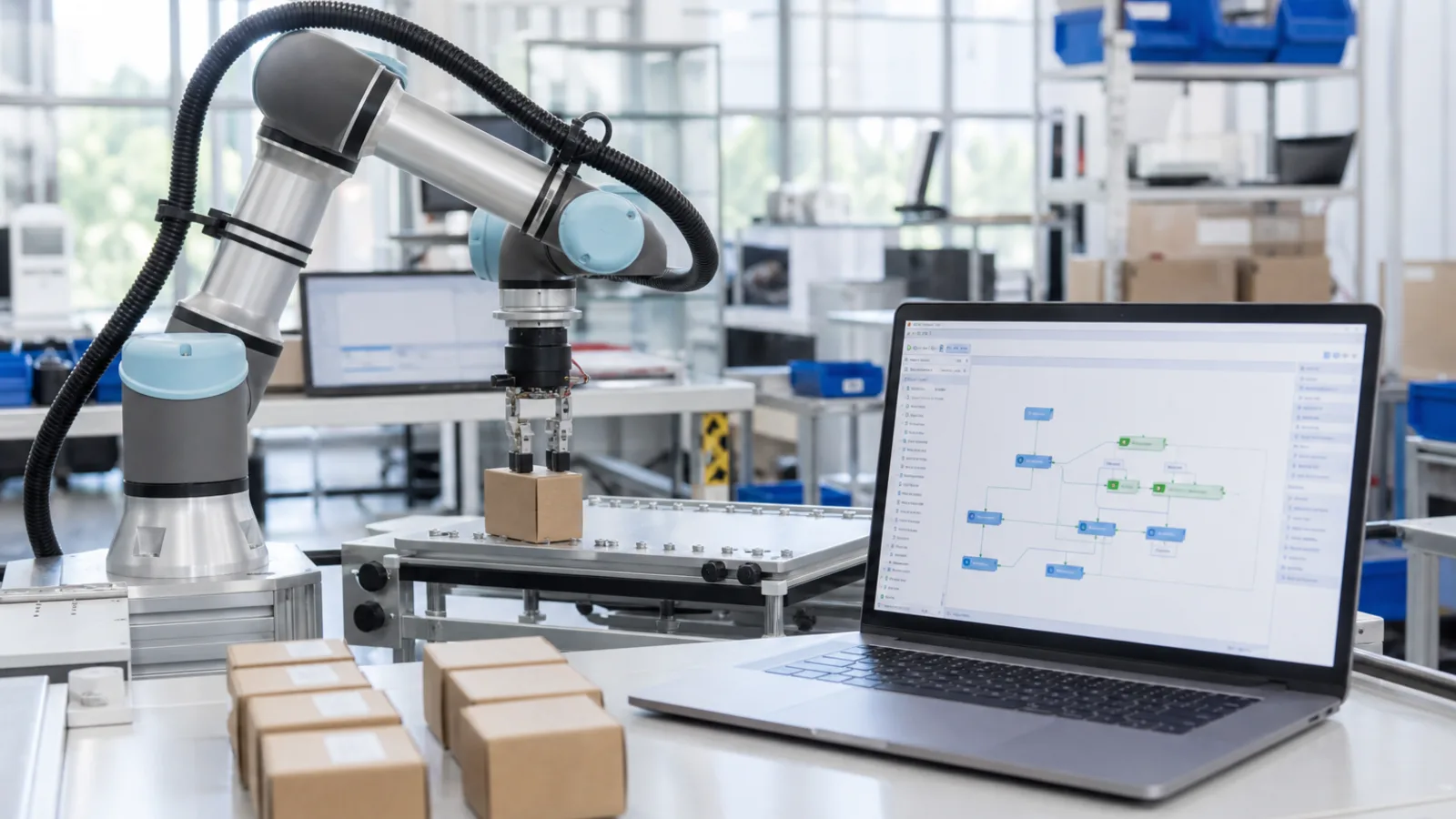 Robotic arm packing small parcels beside a laptop workflow
