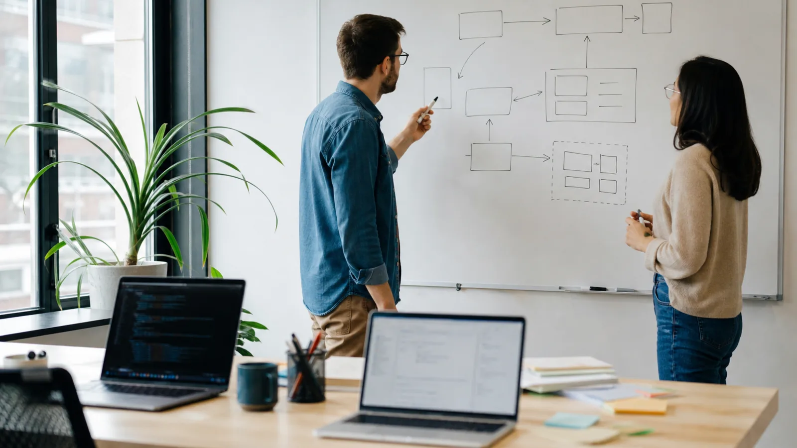 Workshop around a whiteboard mapping a custom business system
