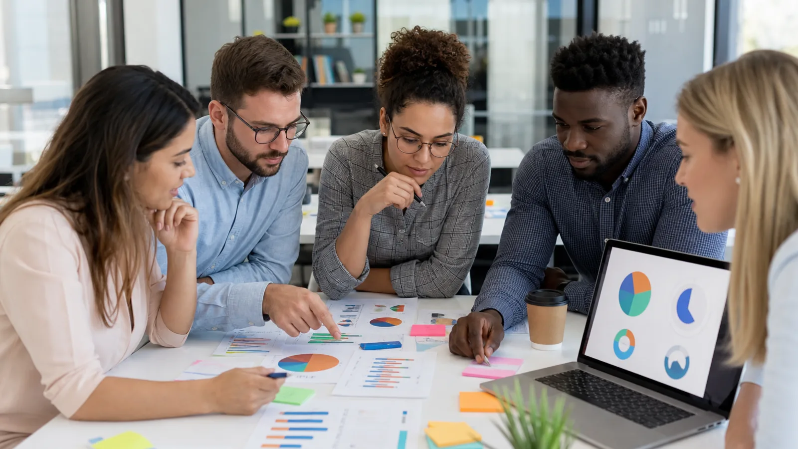 Marketing team reviewing campaign charts on a laptop