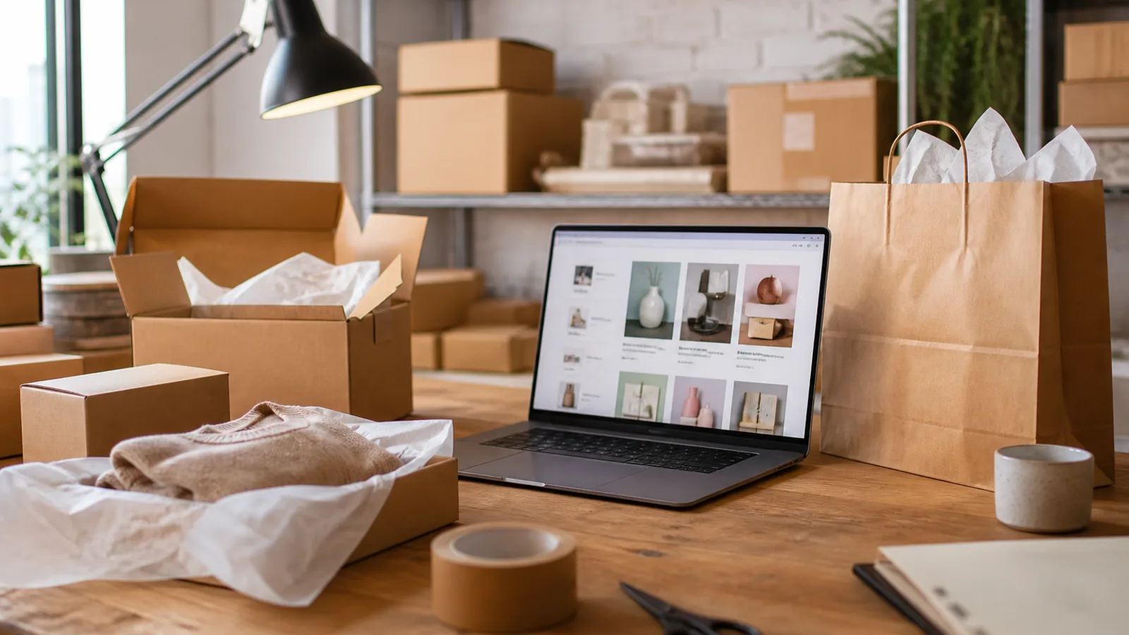 Online store packing table with boxes and a laptop storefront