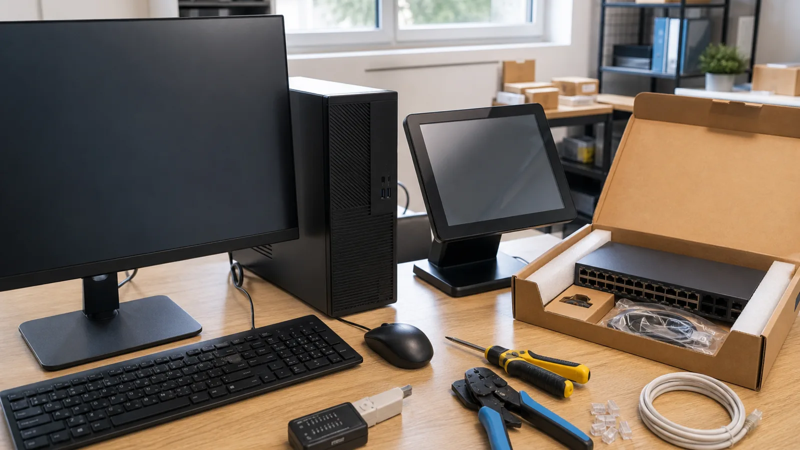 New workstation and peripherals ready for office setup