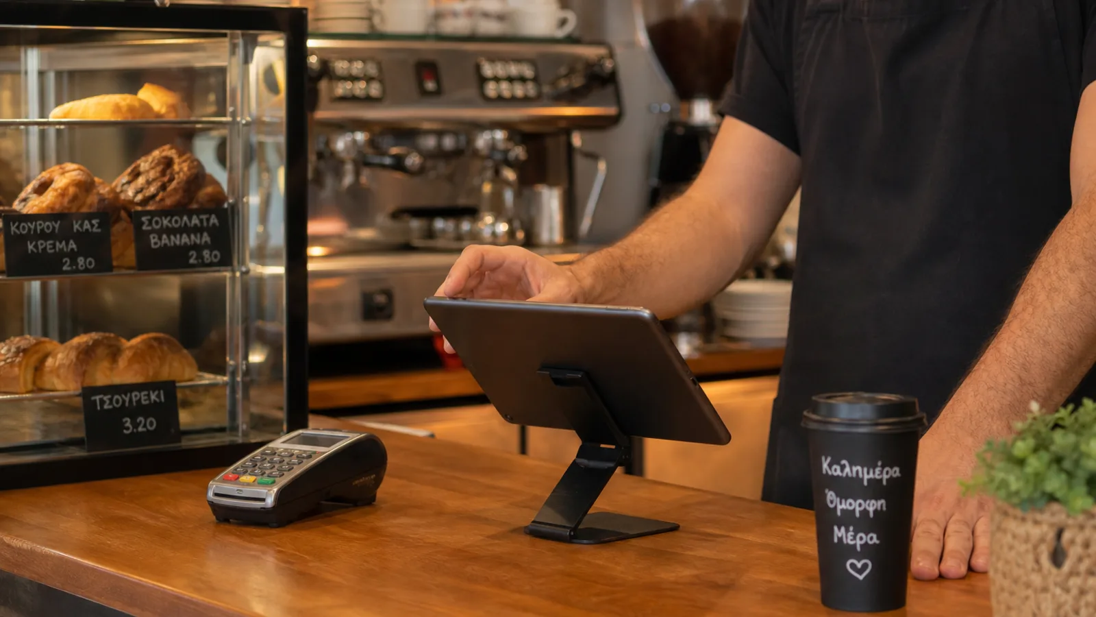 Cafe counter with a compact point-of-sale tablet