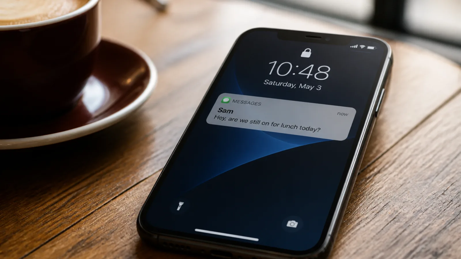 Smartphone showing a text message on a cafe table