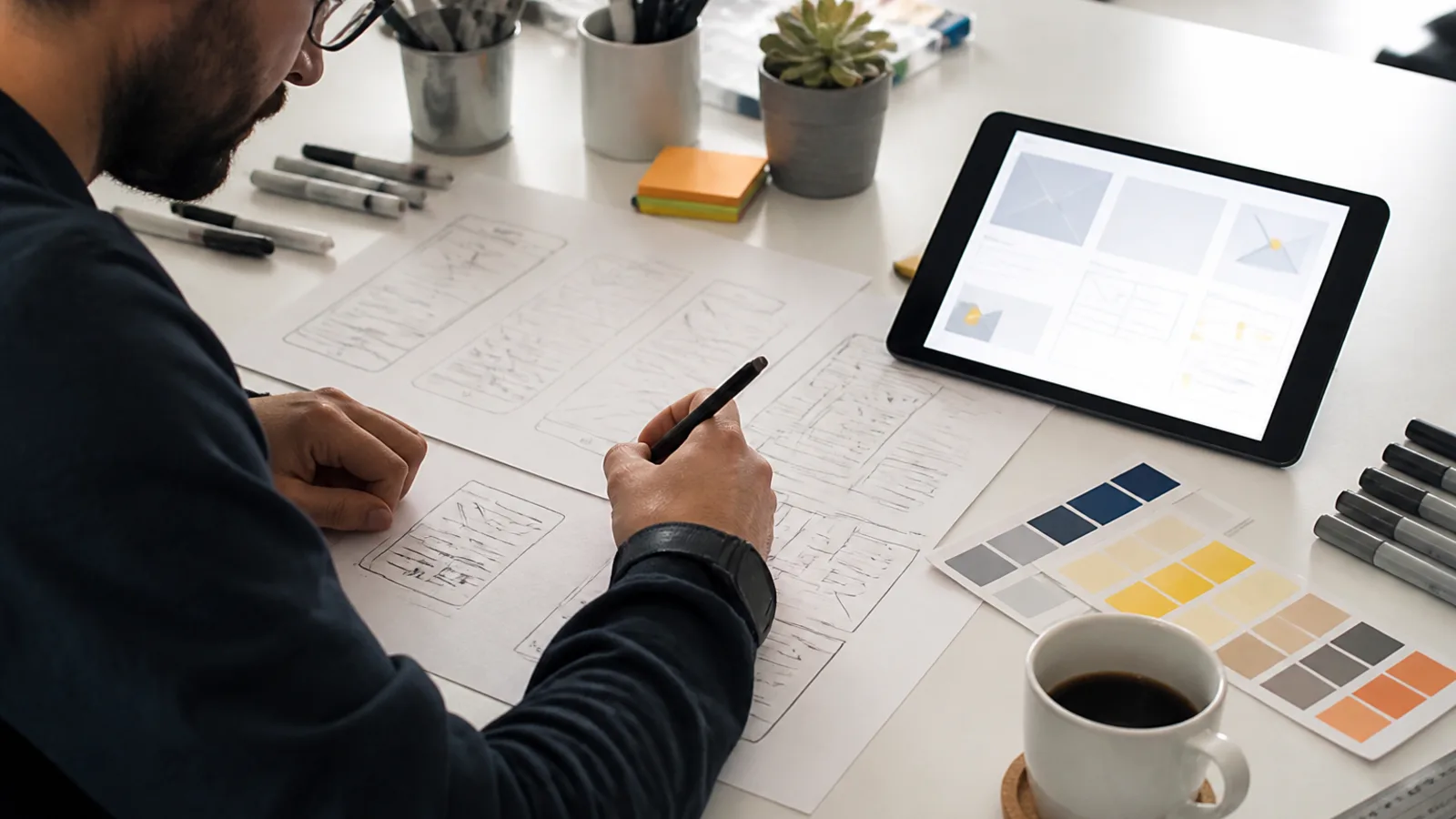 Designer sketching interface wireframes next to a tablet