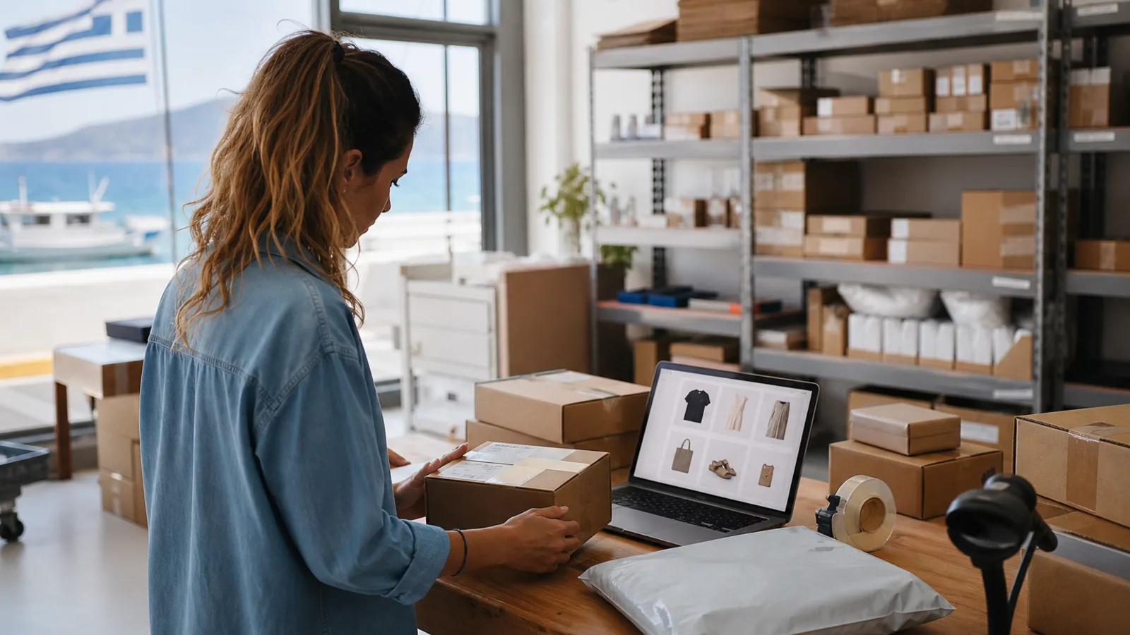Σταθμός συσκευασίας e-shop: δέματα, laptop και παραγγελίες έτοιμες για αποστολή