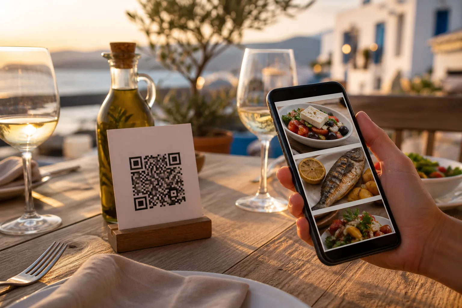 Πελάτης σε τραπέζι εστιατορίου ανοίγει QR menu στο κινητό